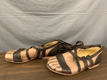 GAMBA, Brown, Beige, Leather, Novelty Pattern, Made To Order, Bare Feet in Brown Sandals. Lace Up the Leg. Painted Feet. Faux Feet, Multiples,