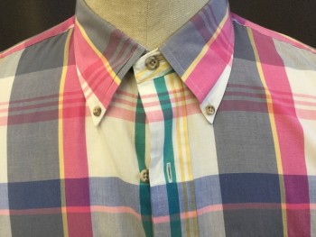 GANT, Off White, Pink, Green, Gray, Steel Blue, Cotton, Polyester, Plaid, Plaid-  Windowpane, Collar Attached, Button Down, Button Front, 1 Pocket with Flap, Long Sleeves, Curved Hem