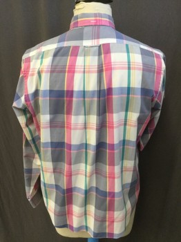 GANT, Off White, Pink, Green, Gray, Steel Blue, Cotton, Polyester, Plaid, Plaid-  Windowpane, Collar Attached, Button Down, Button Front, 1 Pocket with Flap, Long Sleeves, Curved Hem