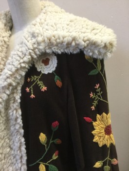 VIVIAN TAM, Brown, Ecru, Sunflower Yellow, Green, Red, Cotton, Floral, Brown Corduroy with Colorful Floral and Vines Embroidery, Large Ecru Fleece Collar. Cuffs and Center Front Placket, Hidden Hook & Eye Closures, Solid Brown Lining