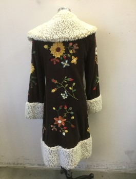 VIVIAN TAM, Brown, Ecru, Sunflower Yellow, Green, Red, Cotton, Floral, Brown Corduroy with Colorful Floral and Vines Embroidery, Large Ecru Fleece Collar. Cuffs and Center Front Placket, Hidden Hook & Eye Closures, Solid Brown Lining