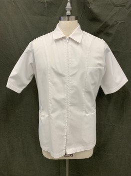 CREST, White, Poly/Cotton, Solid, Zip Front Collar Attached, Short Sleeves, 3 Pockets