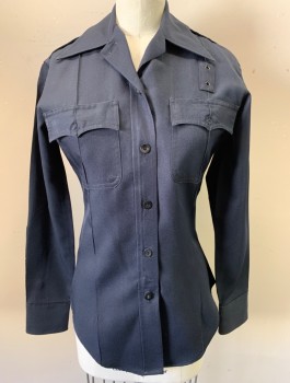 MR. MARTI, Navy Blue, Polyester, Solid, Long Sleeves, Faux Button Front with Hidden Zipper, Collar Attached, 2 Patch Pockets with Flaps, Epaulets at Shoulders with Silver Embossed Button, Fitted