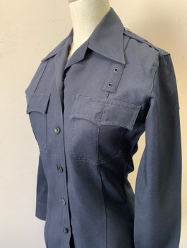 MR. MARTI, Navy Blue, Polyester, Solid, Long Sleeves, Faux Button Front with Hidden Zipper, Collar Attached, 2 Patch Pockets with Flaps, Epaulets at Shoulders with Silver Embossed Button, Fitted
