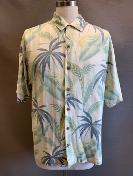 TOMMY BAHAMA, Beige, Sea Foam Green, Cream, Pea Green, Silk, Leaves/Vines , C.A., Button Front, S/S