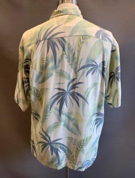 TOMMY BAHAMA, Beige, Sea Foam Green, Cream, Pea Green, Silk, Leaves/Vines , C.A., Button Front, S/S