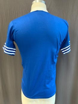 JERZEES, Royal Blue, Polyester, Cotton, Solid, S/S, V-N/Cuffs White/Blue Stripes
