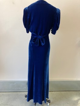 N/L, Royal Blue, Cotton, Solid, Puff 3/4 Slvs, V-N,  Empire Style  With Self Tie Bows, Tie Back CB, Floor Length