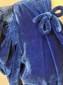 N/L, Royal Blue, Cotton, Solid, Puff 3/4 Slvs, V-N,  Empire Style  With Self Tie Bows, Tie Back CB, Floor Length