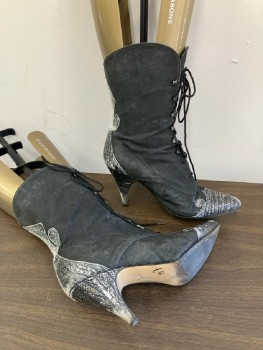 SILVESTRI, Dull Black Leather, Lace Up with Worn Silver Snake Toe Caps/Heels & Backs