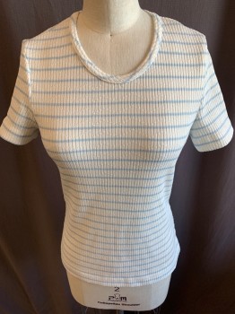CONTIMA, Baby Blue, Antique White, Poly/Cotton, Stripes - Vertical , Shirt, S/S, CN, Horizontal Zig Zag, Back Zipper, with Self Belt, 1960's