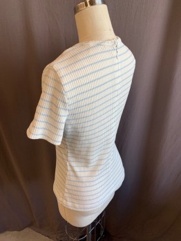CONTIMA, Baby Blue, Antique White, Poly/Cotton, Stripes - Vertical , Shirt, S/S, CN, Horizontal Zig Zag, Back Zipper, with Self Belt, 1960's