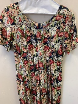 Expressions Petites, Cream, Rose Pink, Navy Blue, Green, Cotton, Floral, S/S, S Pleated, Side Pockets, Back Zipper,