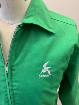 ABBEY SPORTSWEAR, Kelly Green, Poly/Cotton, Solid, L/S, Zip Front, 2 Pockets, White Embroidery Logo, Back Pleat **Small Black Stain on Back