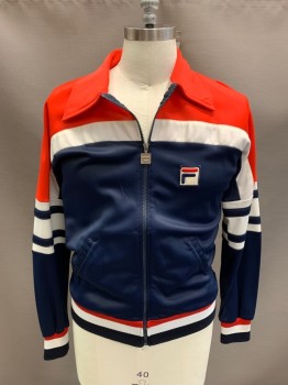 FILA, Navy Blue, Red, White, Polyester, Triacetate, Color Blocking, Stripes, Zip Front, 2 Pockets, Elastic Waistband And Cuffs, Logo Patch