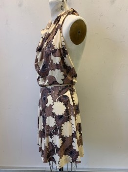Young Edwardian, Brown, Khaki Brown, Black, Gray, Polyester, Leaves/Vines , Reptile/Snakeskin, Halter Top, Neck Tie, Open Back, Loose Top and Fitted From Waist Down, Back Zipper,