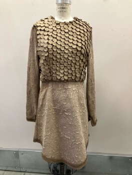 MTO, Dusty Brown, Synthetic, Solid, Text, Patchwork Of Heavily Textured Sueded Fabric, Airbrushed Aged At Seams And Edges, CN, L/S, Back Zip, Cutaway Detail At Sleeve Cuffs, Lined
