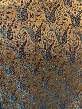 NL, Red Burgundy, Gold, Pumpkin Spice Orange, Moss Green, Silk, Polyester, Medallion Pattern, Paisley/Swirls, Cut Velvet Outer Layer, Paisley Lining, Corded Tassel with Gold Knot, Hook Closure