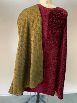 NL, Red Burgundy, Gold, Pumpkin Spice Orange, Moss Green, Silk, Polyester, Medallion Pattern, Paisley/Swirls, Cut Velvet Outer Layer, Paisley Lining, Corded Tassel with Gold Knot, Hook Closure
