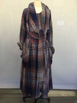 NORMA KAMALI, Navy Blue, Brown, Heather Gray, Synthetic, Plaid, Stripe Textured, V-neck, Long Sleeves, Attached Scarf