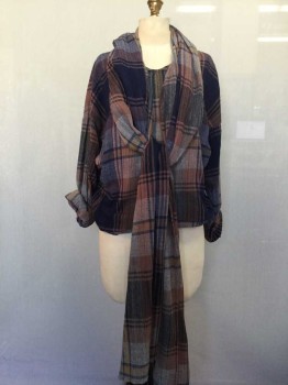 NORMA KAMALI, Navy Blue, Brown, Heather Gray, Synthetic, Plaid, Stripe Textured, V-neck, Long Sleeves, Attached Scarf