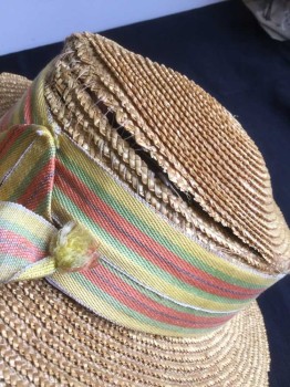 SIR CHARLES, Tan Brown, Yellow, Lt Green, Orange, Straw, Cotton, Solid, Stripes - Horizontal , Tan Straw Boater Style, with Yellow/Orange/Green Stripped Band with Self Bow, **Straw Is Worn/Holey Throughout,