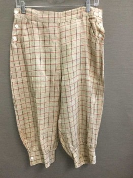 Tan Brown, Red, Black, Linen, Plaid - Tattersall, 2 Piece Authentic Golf/Athletic Set: Tan W/Red & Black Tattersall Knicker Pants, Button Closures At Sides + Cuffs