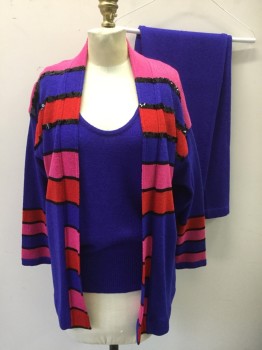 ANTONELLA PREVE, Purple, Bubble Gum Pink, Red, Black, Acrylic, Sequins, Stripes, Cardigan with Black Sequin Stripes, 3/4 Sleeve, Open Front, 2 Pockets