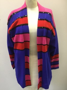 ANTONELLA PREVE, Purple, Bubble Gum Pink, Red, Black, Acrylic, Sequins, Stripes, Cardigan with Black Sequin Stripes, 3/4 Sleeve, Open Front, 2 Pockets