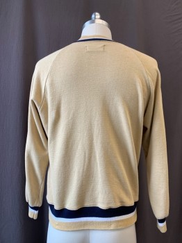 JOCKEY, Tan Brown, Navy Blue, White, Cotton, Stripes, Solid, Tan with Navy/white Stripe Trim, Crew Neck, (small Red Stain in Back)