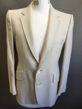 HARDY AMIES, Off White, Polyester, Cotton, Solid, Off White Textured Woven, Single Breasted, Notched Lapel, 2 Buttons, Light Brown Topstitching, Double Back Vent,
