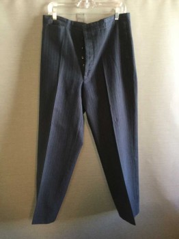 NO LABEL, Navy Blue, Wool, Stripes - Vertical , Button Fly, Flat Front, Interior Suspender Buttons, Back Pockets with Flaps,