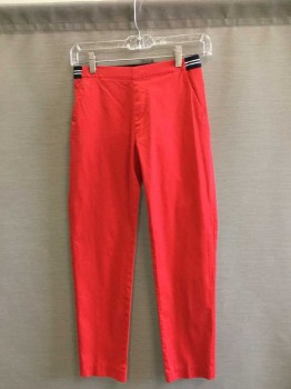 UNIQLO, Red, Navy Blue, White, Cotton, Spandex, Solid, Stripes, Girls Red Pants with Navy & White Stripe Elastic Back Waistband