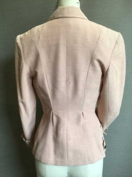GRIFFITHS/GILBERT, Rose Pink, Viscose, Cotton, Heathered, 4 Covered Button Center Front, Peaked Lapel. Fitted at Waist, 3/4 Sleeves with Cuff. Novelty Black Buttons and Tabs at Left Chest. (lining Needs to Be Restitched at Hemline Back. Sun Damage to Left Shoulder.