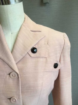 GRIFFITHS/GILBERT, Rose Pink, Viscose, Cotton, Heathered, 4 Covered Button Center Front, Peaked Lapel. Fitted at Waist, 3/4 Sleeves with Cuff. Novelty Black Buttons and Tabs at Left Chest. (lining Needs to Be Restitched at Hemline Back. Sun Damage to Left Shoulder.