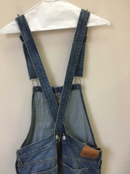 LEVI'S, Denim Blue, Cotton, Solid, Bib Overalls, Bib with 1 Off-Center Pocket, Side Waist Buttons, Straps Cross in Back, Belt Loops, Rip in Knee