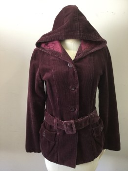 N/L, Red Burgundy, Cotton, Solid, Corduroy, B.F., Hood Attached, 2 Pckts, Self Belt Attached, Belt Loops, Vertical Button Tab at Sleeve Hem