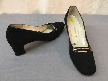 SAKS FITH AVENUE, Black, Gold, Suede, Metallic/Metal, Solid, Rounded Square Toe with Nice Gold Hardware Loafer Detail, Covered Medium Heel