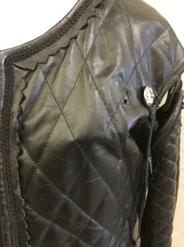 MTO, Black, Leather, Faux Leather, Diamonds, Solid, Long Coat, Black Diamond Quilt Upper Top, with Detachable Diamond Quilt Long Sleeves, Cuffs with 3 Silver Buttons, Round Neck with Cut Out Zig-zag Trim, Hook Front,  Solid Bottom with 2 Pockets Flap & 3 Silver Matching Buttons, Long Split Center Back