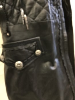 MTO, Black, Leather, Faux Leather, Diamonds, Solid, Long Coat, Black Diamond Quilt Upper Top, with Detachable Diamond Quilt Long Sleeves, Cuffs with 3 Silver Buttons, Round Neck with Cut Out Zig-zag Trim, Hook Front,  Solid Bottom with 2 Pockets Flap & 3 Silver Matching Buttons, Long Split Center Back