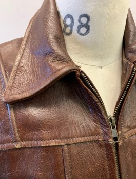 N/L MTO, Brown, Leather, Solid, Zip Front, Collar Attached, Yoke at Shoulders with Vertical Seams, 4 Pockets, Belt Panel at Back Waist, Lightly Aged Throughout, Made To Order
