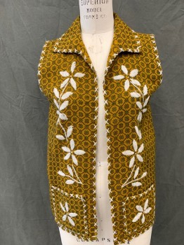 N/L, Amber Yellow, Black, White, Acrylic, Medallion Pattern, Grid , Open Front, Collar Attached, Whit Floral Embroidery, White Blanket Stitch Trim, Long,