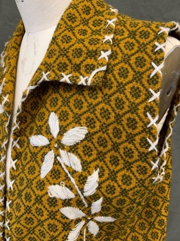 N/L, Amber Yellow, Black, White, Acrylic, Medallion Pattern, Grid , Open Front, Collar Attached, Whit Floral Embroidery, White Blanket Stitch Trim, Long,