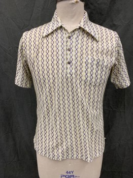 ARNOLD PALMER/ROBERT, White, Brown, Lemon Yellow, Cotton, Polyester, Zig-Zag , White with Criss Cross Stitching in Brown and Yellow, Pullover, Collar Attached, 4 Button Placket, Short Sleeves,