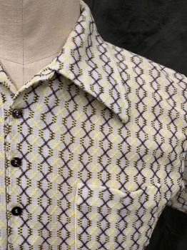 ARNOLD PALMER/ROBERT, White, Brown, Lemon Yellow, Cotton, Polyester, Zig-Zag , White with Criss Cross Stitching in Brown and Yellow, Pullover, Collar Attached, 4 Button Placket, Short Sleeves,