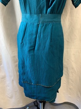 MTO, Teal Blue, Cotton, Skirt, Gold Trim, Pleated Front Piece at Center, Ruffled Layers, Velcro Back & Snap Back