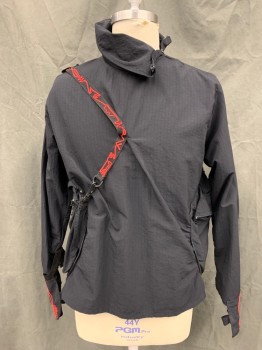 TOKYO 1, Black, Synthetic, Solid, Pullover Ripstop Windbreaker, 2 Round Side Pockets with Zippers, High Collar with Zip Opening on Left Shoulder, 1/2 Extended Cuff with Finger Loops, Red Embroidery on Cuff, Black Webbing Shoulder Strap with Red Embroidery