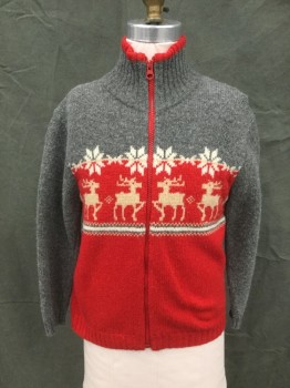 BASSINI, Red, Gray, White, Tan Brown, Wool, Color Blocking, Zip Front, Gray Top/Sleeves, Red Lower, Reindeer Across Chest, White Snowflake Stripes, Ribbed Knit High Collar with Red Trim, Ribbed Knit Waistband/Cuff, Holiday, Christmas
