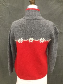 BASSINI, Red, Gray, White, Tan Brown, Wool, Color Blocking, Zip Front, Gray Top/Sleeves, Red Lower, Reindeer Across Chest, White Snowflake Stripes, Ribbed Knit High Collar with Red Trim, Ribbed Knit Waistband/Cuff, Holiday, Christmas