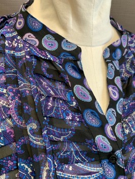 JONES NEW YORK, Purple, Black, Blue, White, Polyester, Paisley/Swirls, Sheer Chiffon, Long Sleeves, Button Front, Band Collar, V-neck, Vertical and Horizontal Pleats at Chest